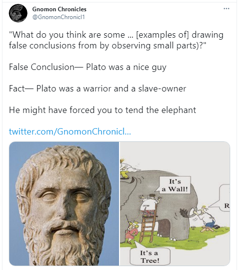 People forget that Plato was a warrior and statesman, and a slave-owner to boot. Given the chance, Plato would have locked us up in that cave and forced us to tend the elephant. See Tending Plato's Elephant.