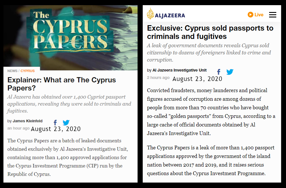 Cyprus Papers — screenshot of Al Jazeera articles.