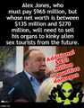 Alex Jones Sex Tourism is a travel agency which caters to alien time travelers from the future who crave sexual intercourse with the internal organs of convicted defamer and patent lunatic Alex Jones.
